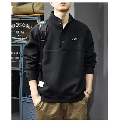 Otoño de los hombres de la letra impresa botón sudadera Stand Collar Patchwork pulóver sudaderas con capucha 2025 nuevo Casual Y2K manga larga Sudaderas