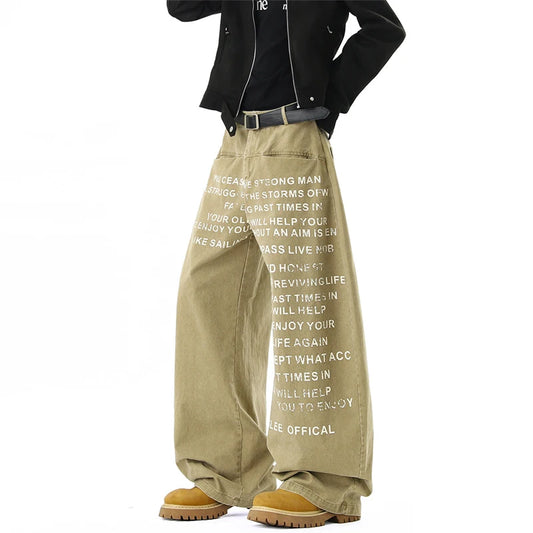 Nuevos Jeans Baggy Retro Americanos para Hombre con Estampado de Letras, Pantalones Vaqueros de Pierna Recta Estilo Hip Hop, Moda Y2K, Streetwear, Color Caqui