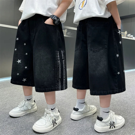 Pantalones cortos de mezclilla negros vintage para niños, pantalones cortos informales de verano para adolescentes, pantalones vaqueros rectos hasta la rodilla con estampado retro para niños