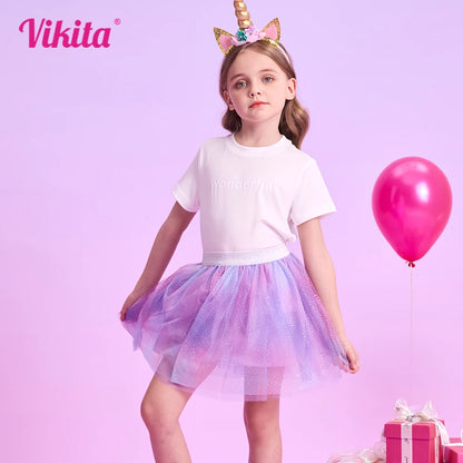 VIKITA, minifalda de malla de tul púrpura degradado con purpurina para niñas, fiesta de cumpleaños para niños, princesa, ropa informal diaria, falda esponjosa brillante