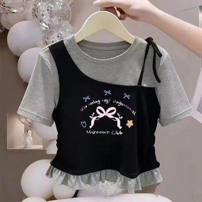 Camiseta de Manga Corta para Niñas, Algodón Puro, Dobladillo con Volantes, Estilo Corto, Verano, Casual, Ropa Infantil, Trans...