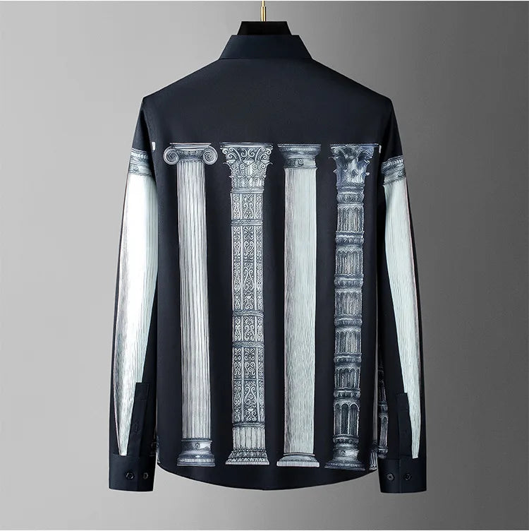 Camisa de manga larga con estampado de columna romana de estilo americano y europeo para hombre, camisas de vestir formales de negocios informales ajustadas, ropa para hombre