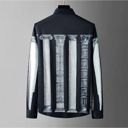 Camisa de manga larga con estampado de columna romana de estilo americano y europeo para hombre, camisas de vestir formales de negocios informales ajustadas, ropa para hombre