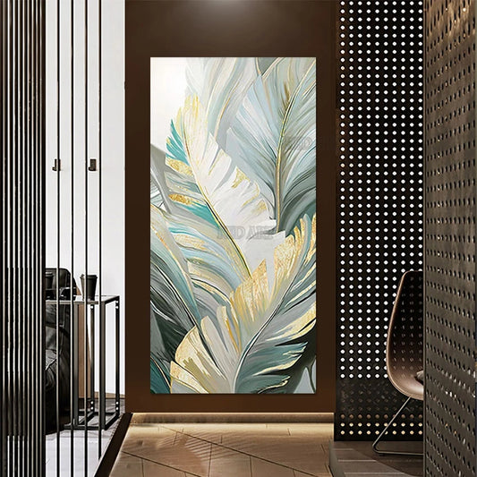 Tapices de pared de plumas doradas de gran espesor de textura, arte de pintura acrílica, abstracto puro pintado a mano, obra de arte en lienzo de lujo