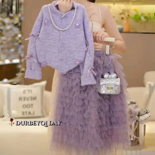 Conjunto de Ropa Otoñal para Niñas 2026, Ropa Infantil Nueva, Suéter Elegante para Niñas y Falda de Malla, Conjunto de Dos Piezas a la Moda