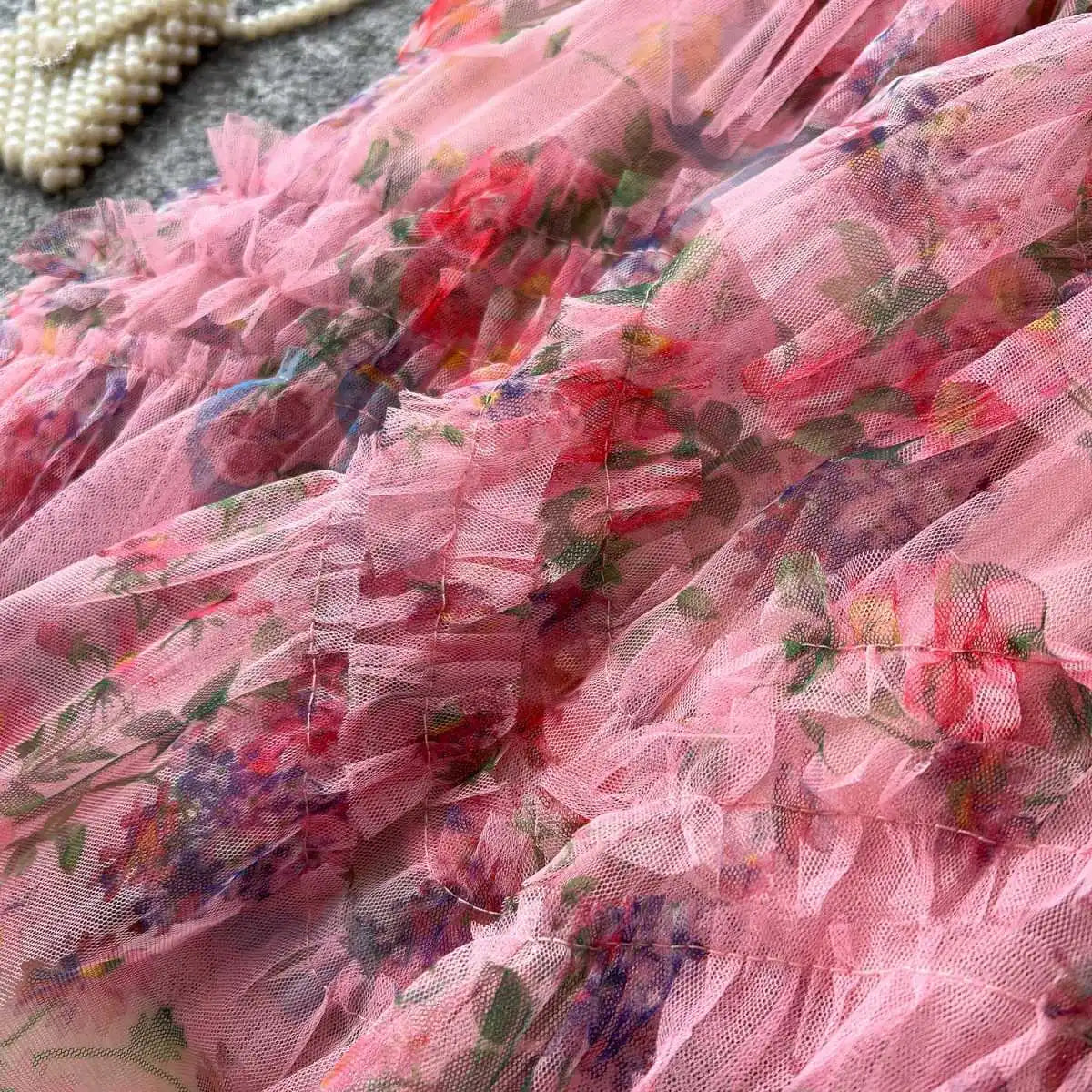 Falda Midi de Malla con Estampado Floral de Cintura Alta Estilo Coreano para Mujer, Falda Hada Abullonada de Fibra de Poliést...