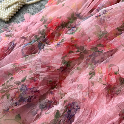Falda Midi de Malla con Estampado Floral de Cintura Alta Estilo Coreano para Mujer, Falda Hada Abullonada de Fibra de Poliést...