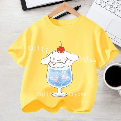 Camiseta de Manga Corta para Niños, Estilo Urbano, Verano 2026, Ropa Casual, Regalo Kawaii, Linda Camiseta de Cinnamoroll para Niña, Camiseta de Algodón con Estampado de Anime