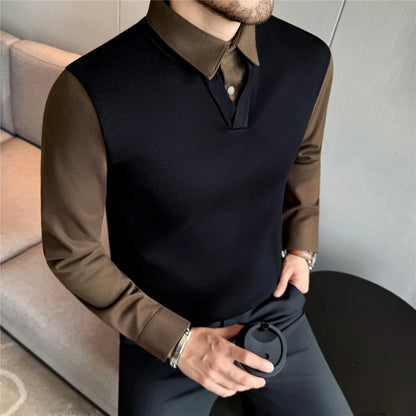Suéter de punto de alta calidad para hombre, camisa de lana gruesa con cuello empalmado, suéteres con cuello en V, suéter de punto de dos piezas para Otoño e Invierno
