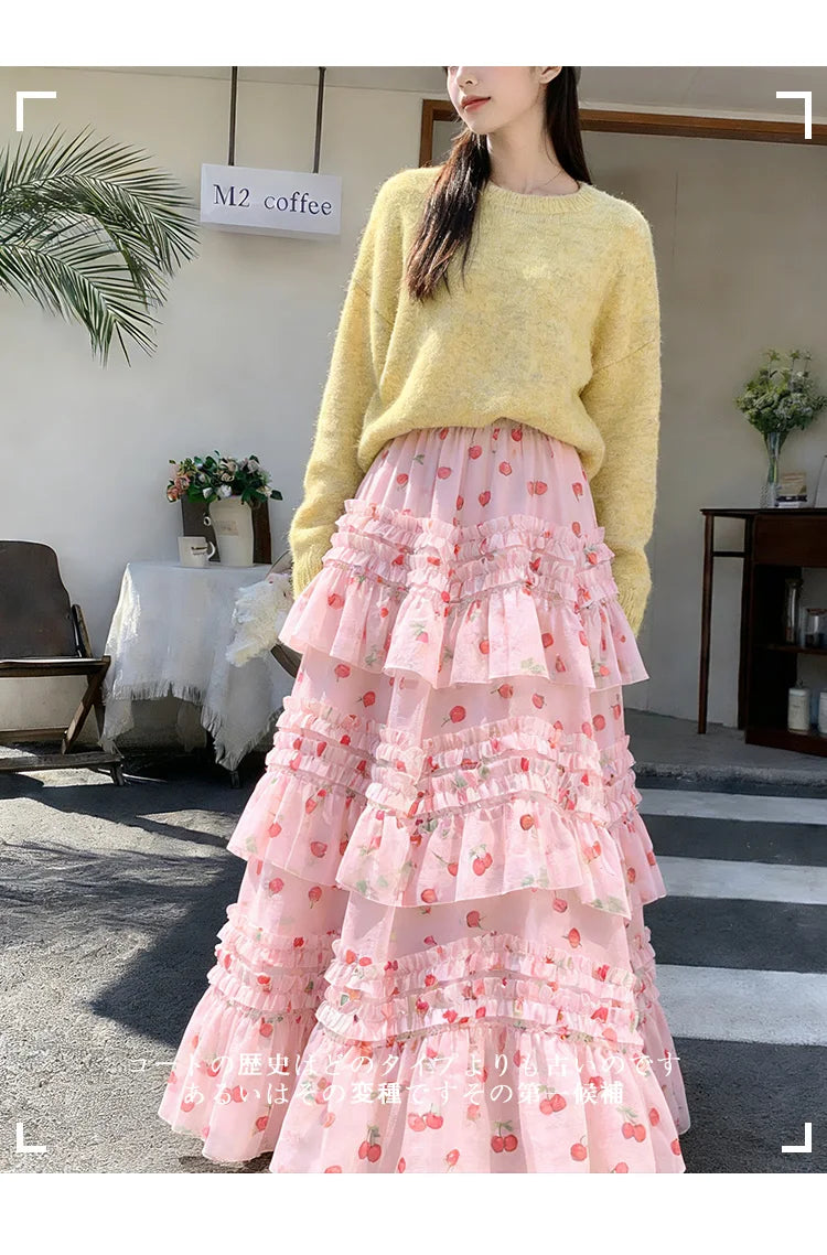 Primavera Verano 2026 Falda Larga de Tul Estampada de Cintura Alta con Empalmes Asimétricos, Falda de Pastel Colorida, Estilo...
