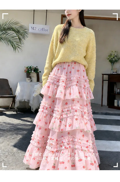Primavera Verano 2026 Falda Larga de Tul Estampada de Cintura Alta con Empalmes Asimétricos, Falda de Pastel Colorida, Estilo...