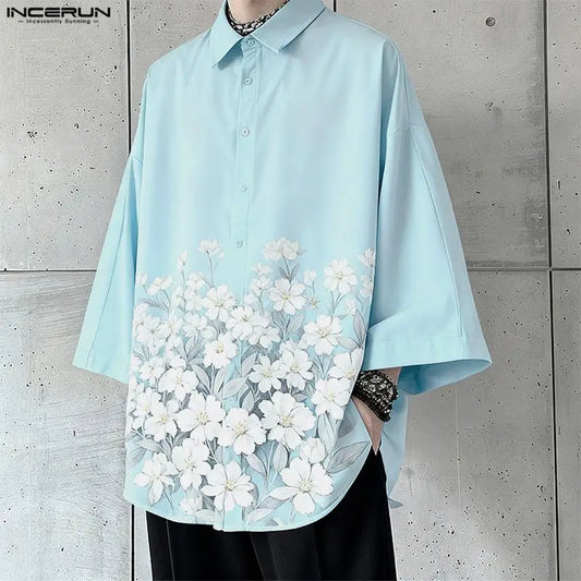 INCERUN Men Shirt Flower Printing Lapel Long Sleeve Loose Casual Men Clothing Streetwear Korean Style 2026 Fashion Leisure Tops