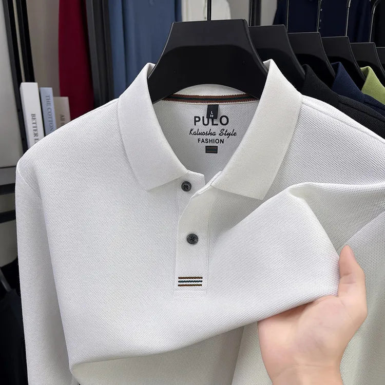Polo de manga larga de otoño 2025 para hombre, 100% algodón transpirable, estilo informal de negocios con cuello de algodón clásico