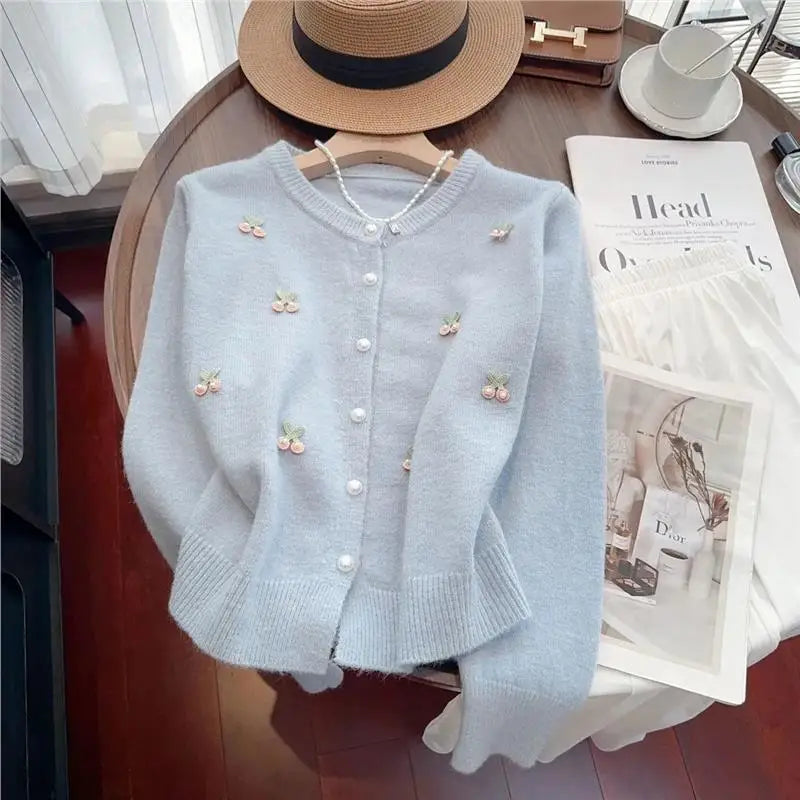 Cárdigan de punto suave y dulce para mujer, cuello redondo, versátil, estilo coreano, suéter de manga larga, abrigo, moda de ...