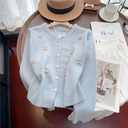 Cárdigan de punto suave y dulce para mujer, cuello redondo, versátil, estilo coreano, suéter de manga larga, abrigo, moda de ...