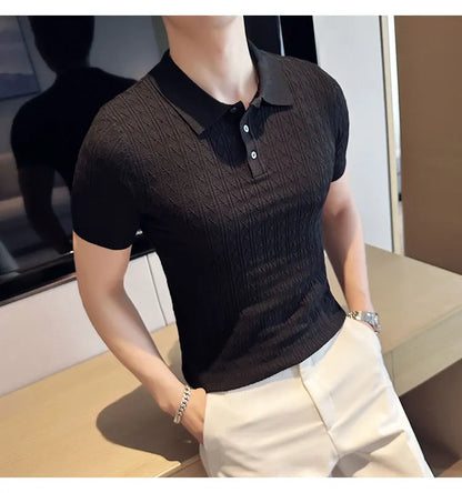Polo de manga corta de punto Jacquard para hombre, camiseta de Golf con solapa de moda, ajustada, nueva