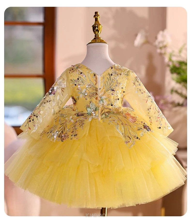 2025 Vestido de fiesta Vestido niños niñas vestidos de novia amarillos disfraz niños flor niña desfile Piano actuación tutú traje