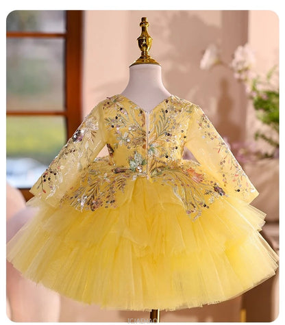 2025 Vestido de fiesta Vestido niños niñas vestidos de novia amarillos disfraz niños flor niña desfile Piano actuación tutú traje