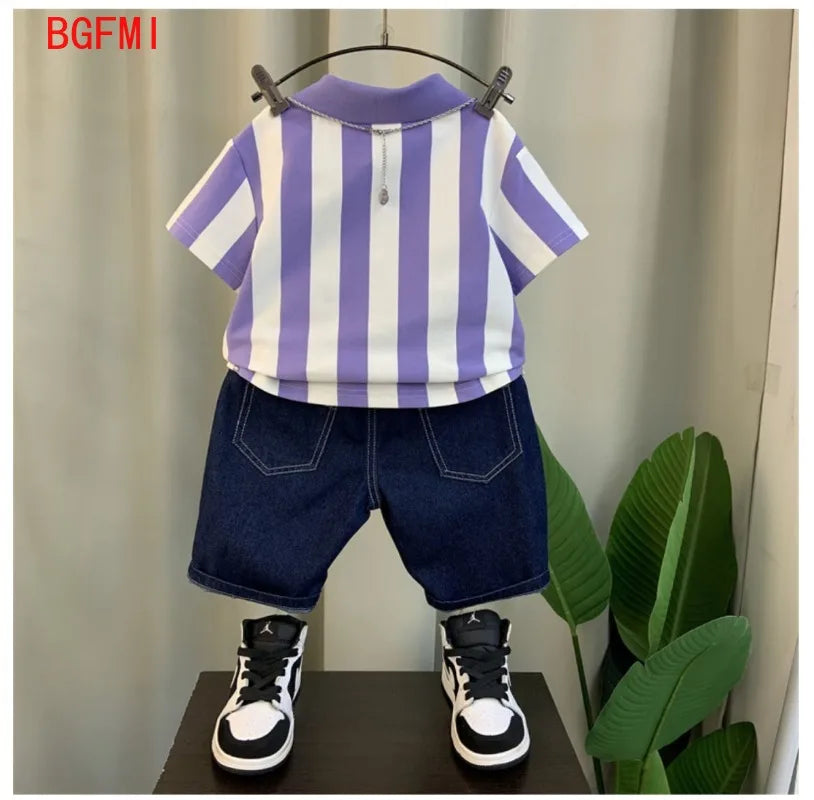 Conjunto de dos piezas de manga corta para niño adolescente, Polo a rayas, pantalones cortos Vaqueros, ropa coreana, verano, nuevo, 2-11 años