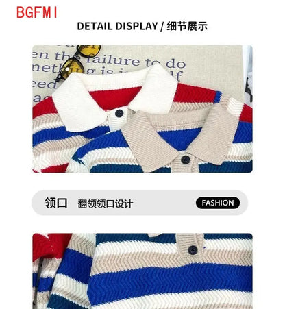 Nuevo suéter para niños, suéter de punto a rayas gruesas, jersey de otoño e invierno para niños, Top informal para niños, abrigo con cuello POLO para bebés y niños pequeños