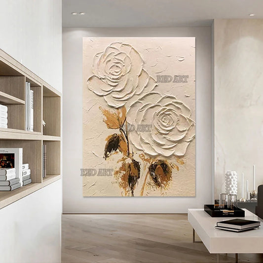 Pintura mural 3D de lujo pintada a mano con espátula, cuadro de flores sobre lienzo, grandes pinturas de rosas para decoración de hoteles.+ paquete Switch In Art completo
