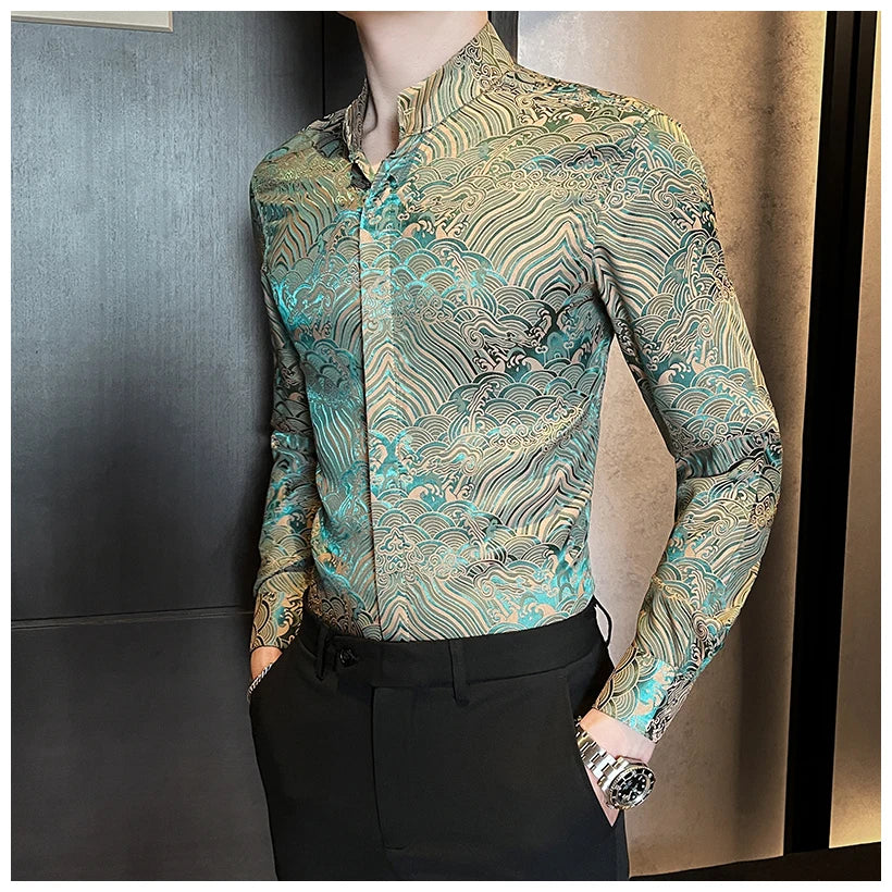 Camisas estampadas de manga larga con cuello levantado para primavera y otoño, camisa informal de moda para hombre de estilo chino Formal Social de negocios