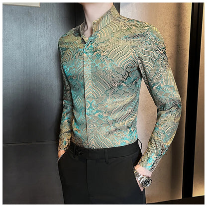 Camisas estampadas de manga larga con cuello levantado para primavera y otoño, camisa informal de moda para hombre de estilo chino Formal Social de negocios