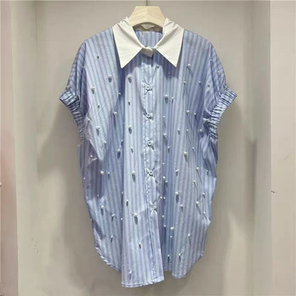 Nuevas Blusas de algodón con cuentas de peras, camisas informales holgadas a rayas para mujer, Blusas de manga corta de gran tamaño con tendencia de verano 2025