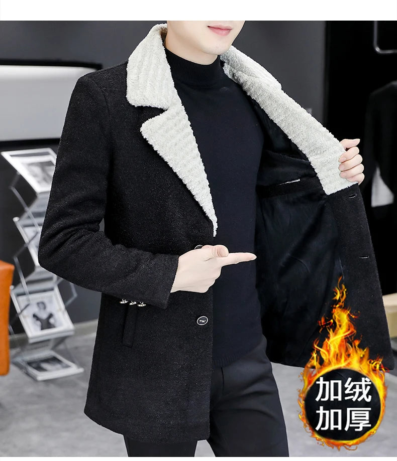 Chaquetas de lana de invierno coreanas para hombres, chaqueta de mezcla de lana gruesa de felpa con solapa, gabardina larga informal de negocios, abrigo de calle