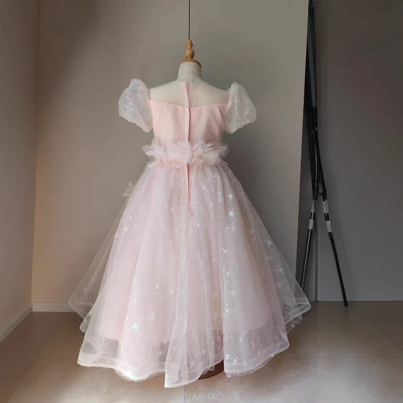 Vestido largo rosa para niñas, vestidos de presentador, ropa para fiesta de cumpleaños, vestido de princesa, disfraz de lujo, traje de actuación de Piano para niños