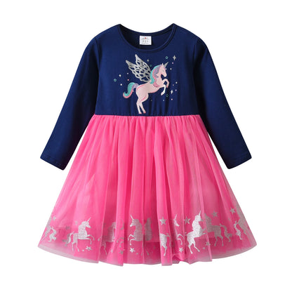 VIKITA-vestido de manga larga para niñas, azul marino, rosa, estampado de unicornio brillante, malla de tul, fiesta de fantasía, vestido elegante informal de princesa