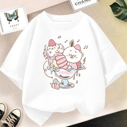 Camiseta bonita de dibujos animados de batido de leche de fresa para niñas, camisetas rosas con gráfico de manga corta para niños