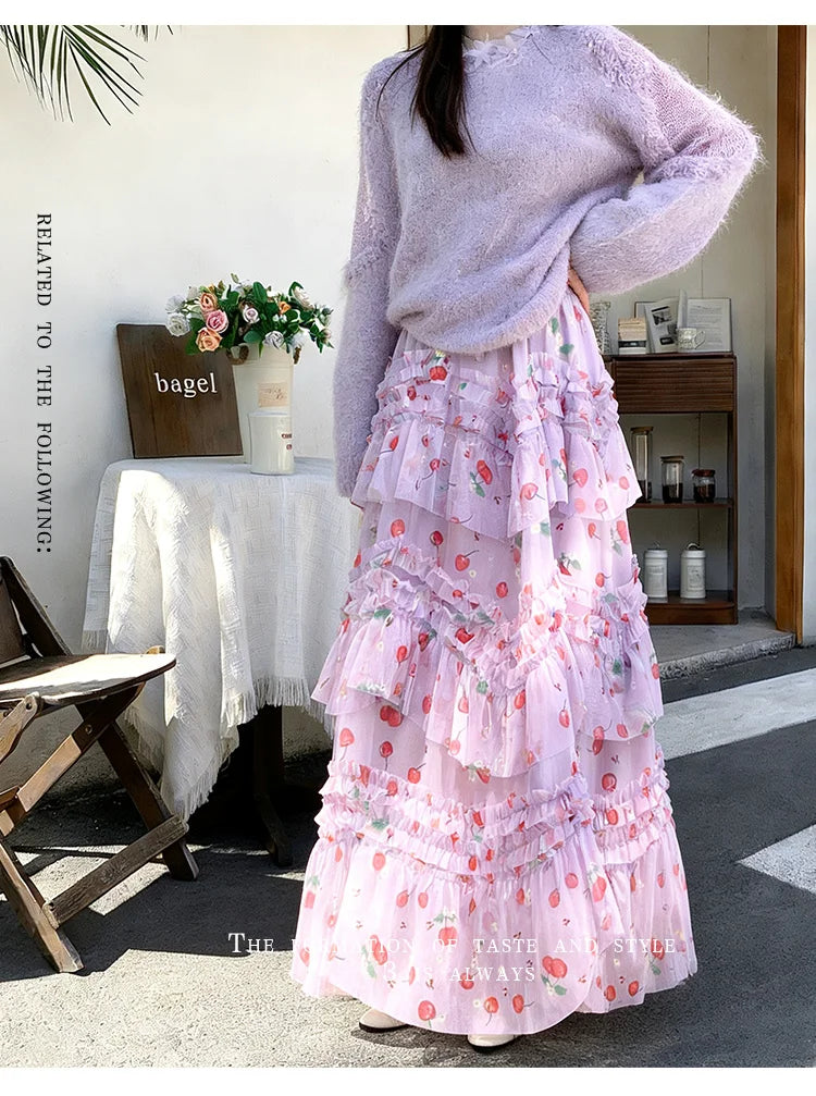 Primavera Verano 2026 Falda Larga de Tul Estampada de Cintura Alta con Empalmes Asimétricos, Falda de Pastel Colorida, Estilo...