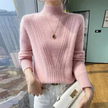 Suéter de punto grueso para mujer, cuello medio alto, ajuste holgado y delgado, camiseta base suave y cálida, estilo coreano,...