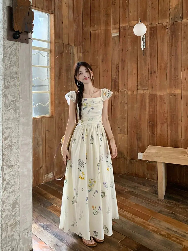 Vestido largo con estampado floral de verano, cuello cuadrado, manga acampanada, para vacaciones en la playa, estilo francés,...