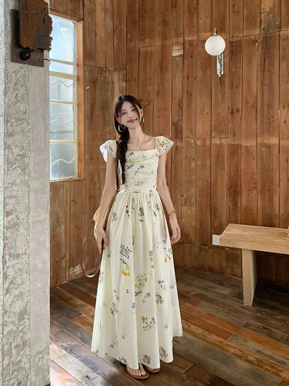 Vestido largo con estampado floral de verano, cuello cuadrado, manga acampanada, para vacaciones en la playa, estilo francés,...