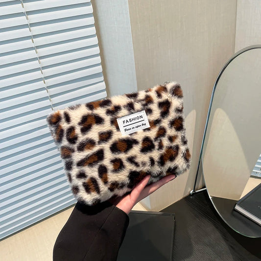 Bolsa de maquillaje de felpa con estampado de leopardo, neceser de viaje portátil de gran capacidad, bolso de mano para cosméticos, bolsa de almacenamiento Premium