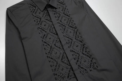 Camisa de lujo hecha a mano con cuentas para hombre, camisas de vestir informales ajustadas de manga larga para negocios, fiesta Social, banquete, escenario, estrella, ropa para hombre