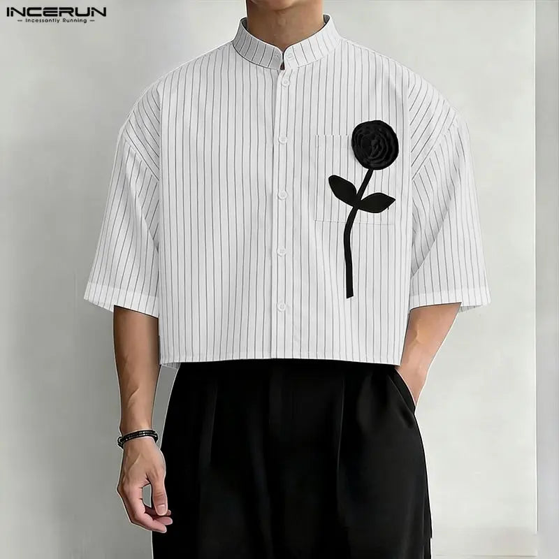 INCERUN-Camiseta para hombre con cuello alto y manga corta, Tops cortos a rayas con diseño de patchwork, ropa informal de verano holgada, ropa de moda para hombre 2026