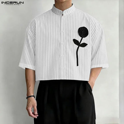 INCERUN-Camiseta para hombre con cuello alto y manga corta, Tops cortos a rayas con diseño de patchwork, ropa informal de verano holgada, ropa de moda para hombre 2026
