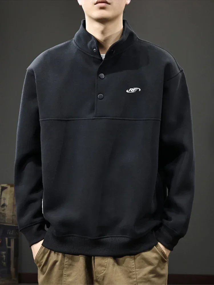 Otoño de los hombres de la letra impresa botón sudadera Stand Collar Patchwork pulóver sudaderas con capucha 2025 nuevo Casual Y2K manga larga Sudaderas