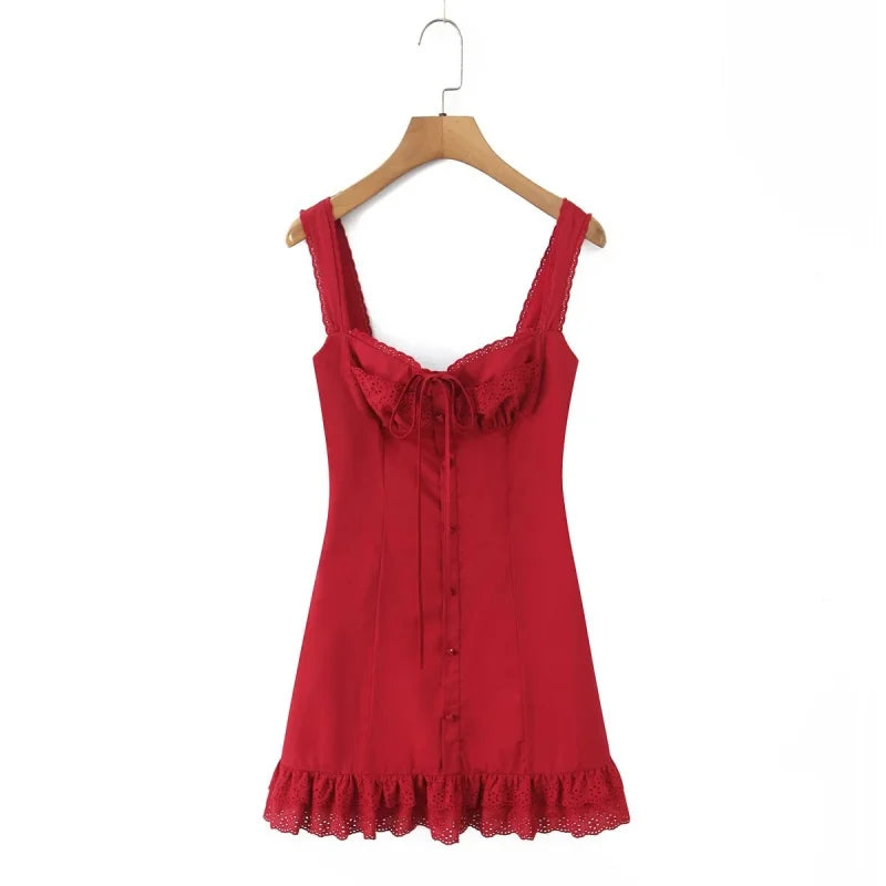 Vestido Corto Elegante de Encaje para Mujer, Escote Cuadrado, Lazo en la Cintura, Corte A, Sin Mangas, Ideal para Verano, Fiestas y Eventos