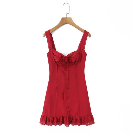 Vestido Corto Elegante de Encaje para Mujer, Escote Cuadrado, Lazo en la Cintura, Corte A, Sin Mangas, Ideal para Verano, Fiestas y Eventos