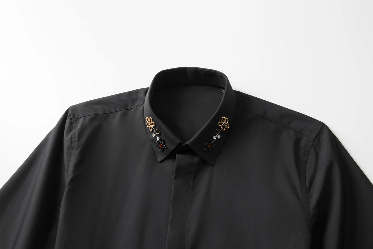 Camisa con cuentas hecha a mano para hombre, camisa de vestir Social de negocios de manga larga, traje informal de algodón de alta calidad para actuación en escenario de estrella