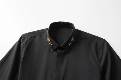 Camisa con cuentas hecha a mano para hombre, camisa de vestir Social de negocios de manga larga, traje informal de algodón de alta calidad para actuación en escenario de estrella