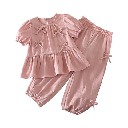 Conjunto de Dos Piezas de Verano para Niña de 3 a 7 Años, Estilo Coreano, Dulce y Lindo, Blusa con Mangas Abullonadas y Lazo + Pantalones