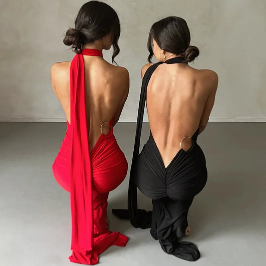 Sexy Backless Pleated Slim Fit Dress mid Waist Knitted Polyester Thickened Summer Season No Sleeve Irregular Hemline Gown