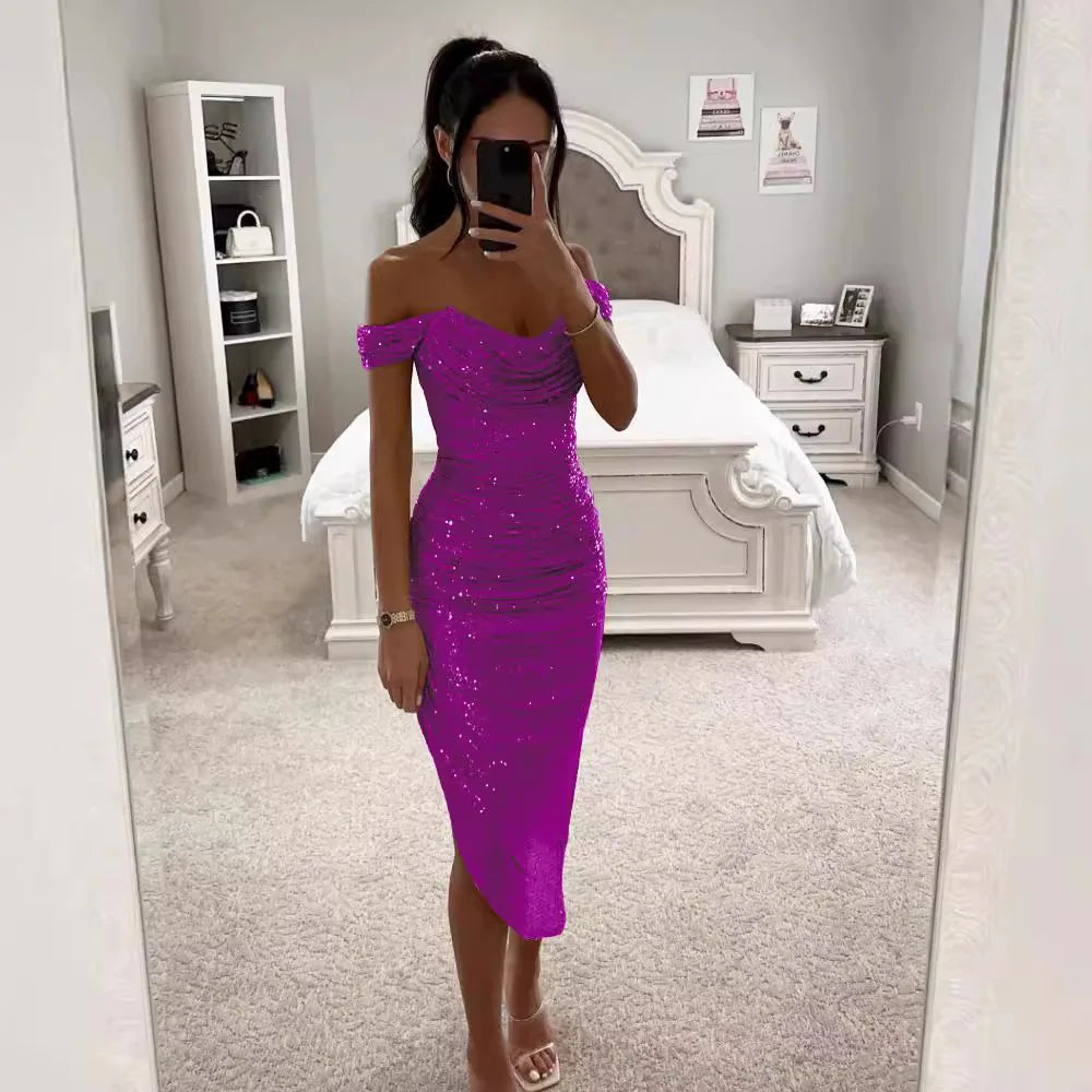 Vestido de fiesta de lentejuelas brillantes con un solo hombro y cremallera, vestido de noche de cintura media con falda larg...