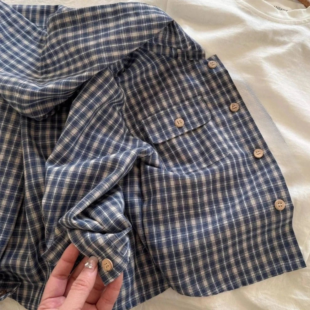 Camisas coreanas para niños, camisas con capucha para niñas y niños, Tops a cuadros de algodón para niños, abrigo informal de manga larga para primavera y otoño de 1 a 10 años