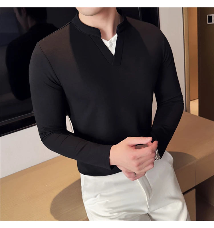 Camiseta elástica falsa de 2 piezas con empalme a la moda coreana, camiseta básica de manga larga con cuello en V ajustada para hombre, camisetas versátiles de Color sólido